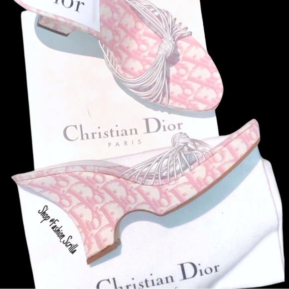 DIOR Girly Pink Monogram Logo Denim Trotter Platform Wedge Sandal Mule - Picture 6 of 9
